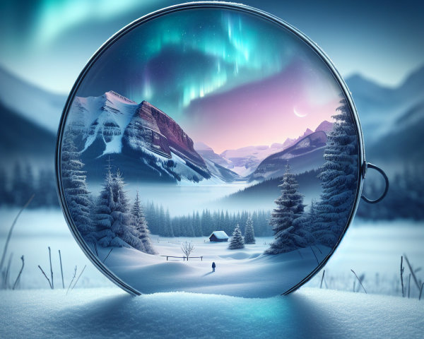 Winter Landscape in Glass Orb with Auroras and Pines