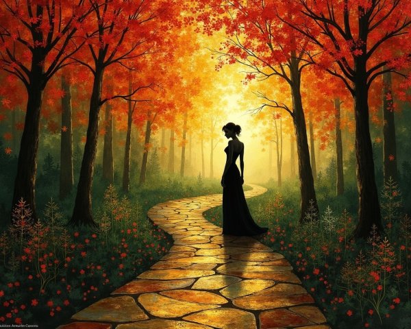 Silhouette of a Woman in Vibrant Autumn Forest