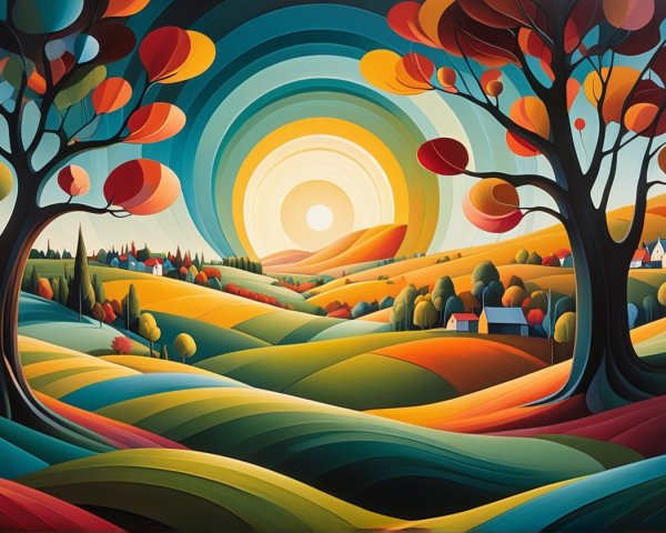 Vibrant Landscape with Colorful Fall Trees and Sun