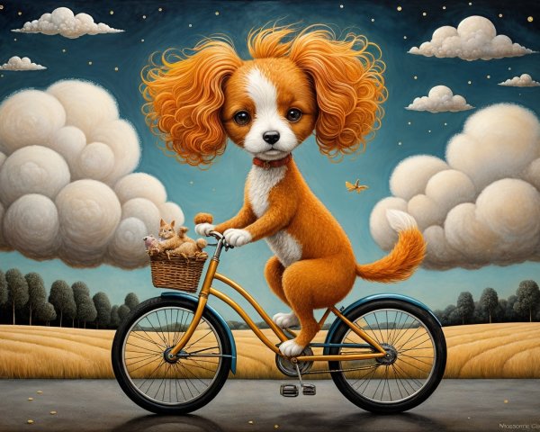 Fluffy Orange Dog on Bicycle with Kittens in Basket