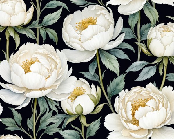 Creamy White Peonies on Black Background Design