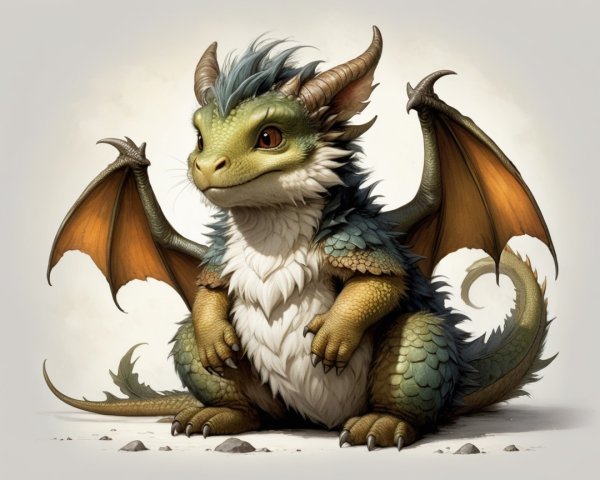 Whimsical dragon with vibrant scales and fluffy belly