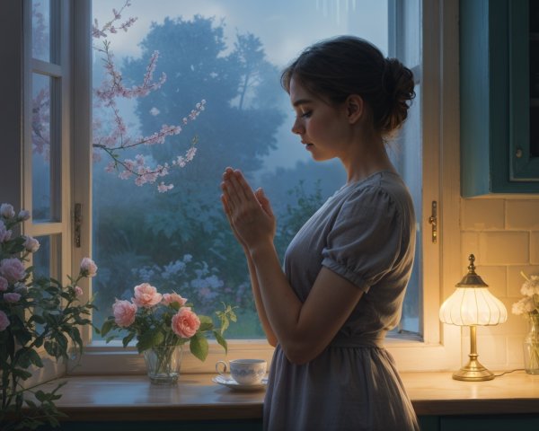 Young Woman in Serene Kitchen with Floral View