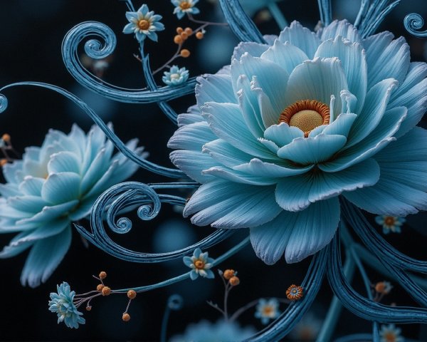 Blue Flowers with Orange Centers on Dark Background