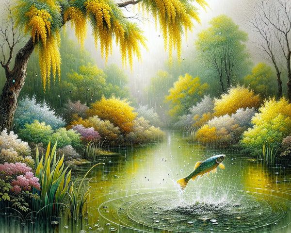 Oil Painting of Fish Leaping in Spring Rainforest Scene