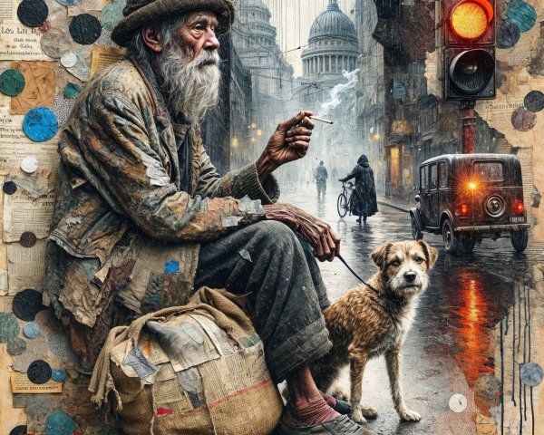 Elderly Man with Dog in Rainy City Street Scene