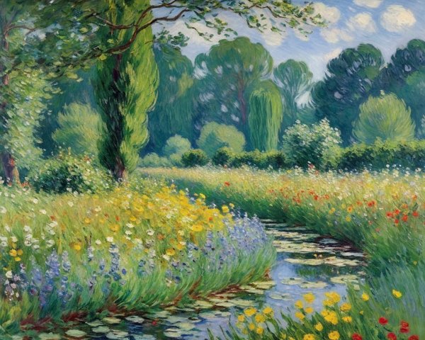 Vibrant Meadow Landscape with Wildflowers and Stream