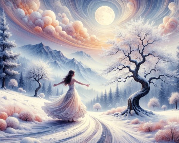 Serene winter landscape with pastel skies and trees