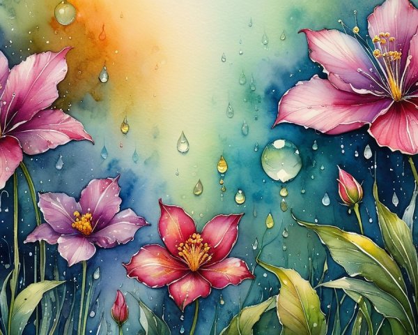 Vibrant Watercolor of Blooming Flowers and Leaves