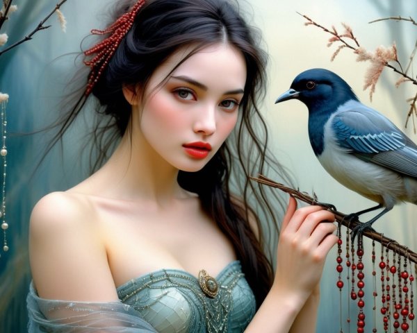 Young woman in blue dress with blue bird in dreamy scene