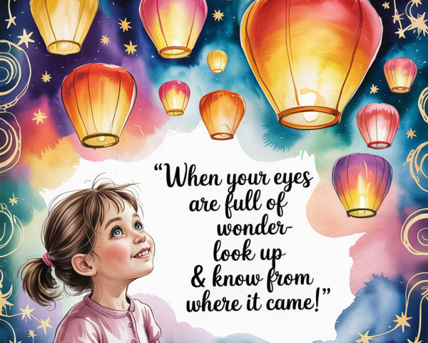 Young girl admiring colorful lanterns in night sky