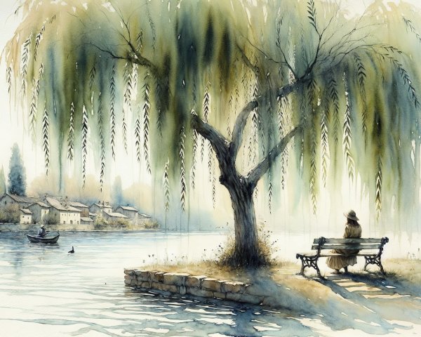 Tranquil Watercolor Riverside Scene with Willow Tree