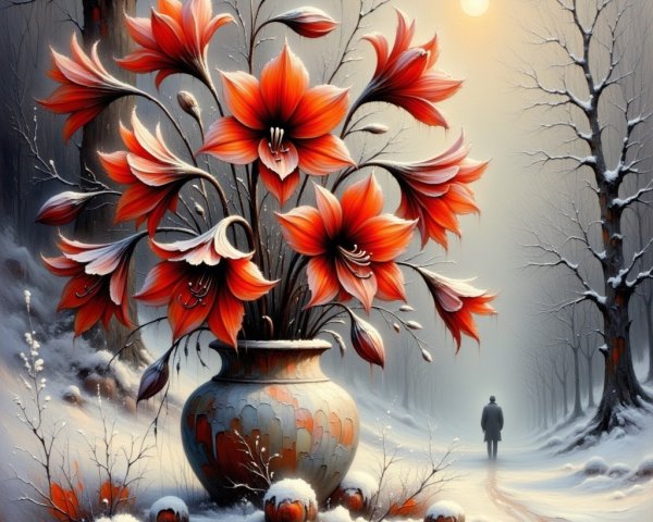 Winter Landscape with Red Amaryllis Flowers