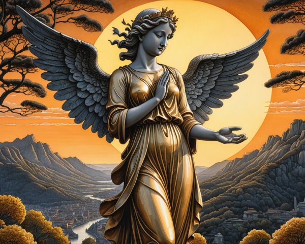 Angel with Flowing Wings Against Vibrant Sunset