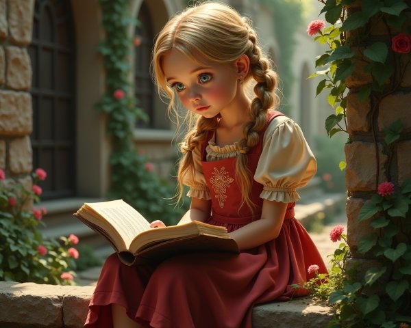 Young girl in red dress reading among blooming roses