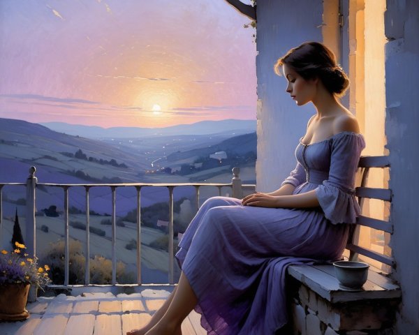 High-angle oil painting of a woman on a balcony