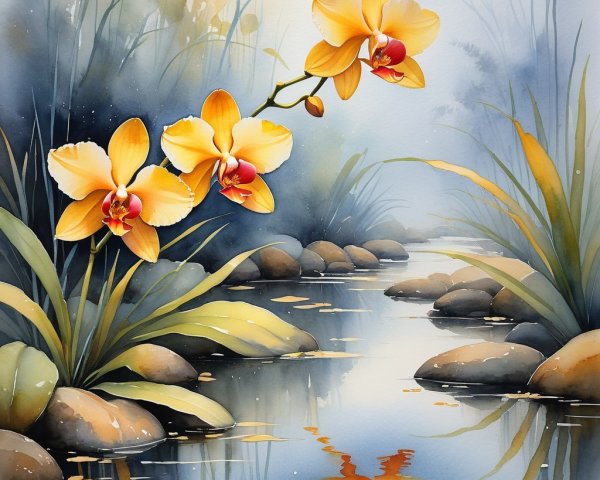Watercolor Scene of Yellow Orchids by a Stream