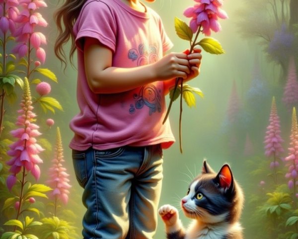Young girl and cat in a magical forest setting