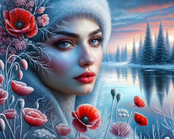 Winter Scene with Frosted Face and Poppies