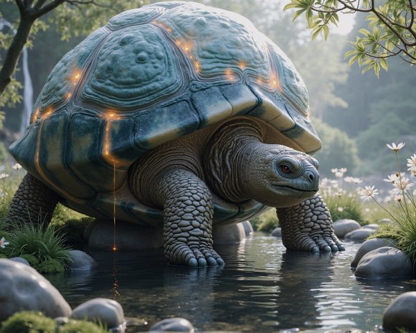 Whimsical Turtle by a Calm Reflective Stream