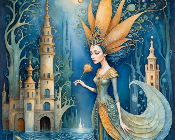 Enchanting Woman by Shimmering Water and Castle