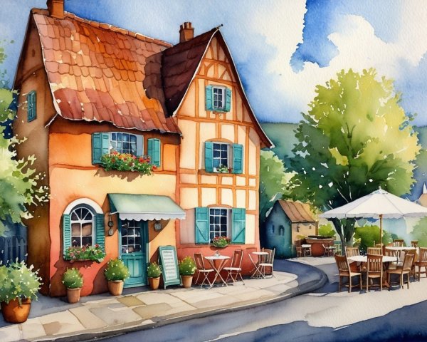 Watercolor Illustration of a Quaint Cottage Café