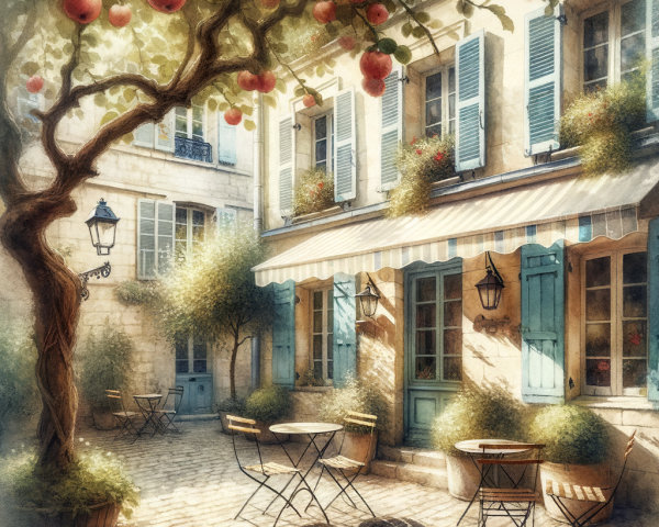Charming Outdoor Café Scene in Quaint Courtyard