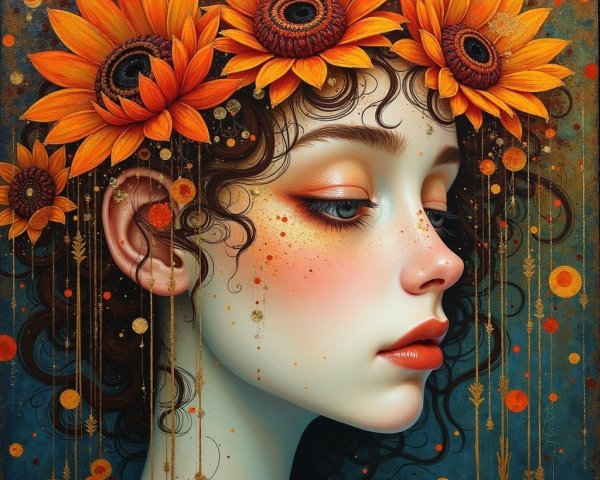 Woman with Sunflower Crown and Textured Background