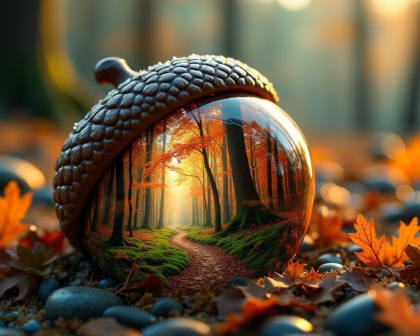 Acorn on Pebbles with Autumn Forest Reflection