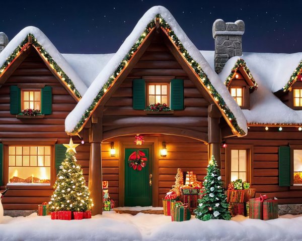 Snow-Covered Log Cabin Decorated for Christmas