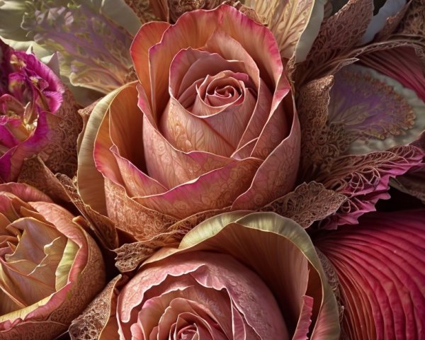 Intricate Floral Arrangement with Pink Roses and Leaves