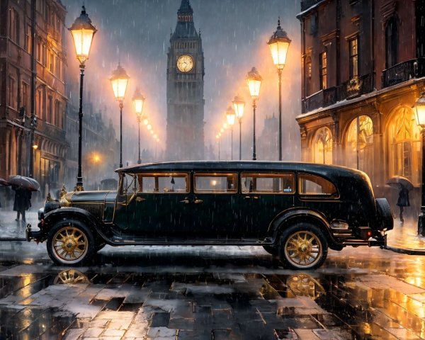 1920s Limousine in Rainy London with Big Ben