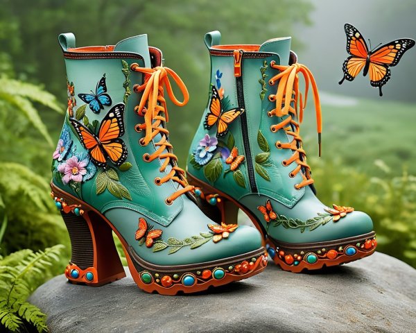 Vibrant Turquoise High-Heeled Boots with Butterflies