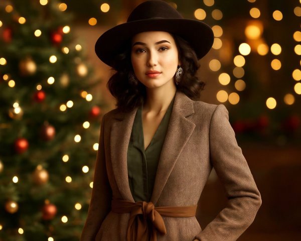 Woman in Brown Hat and Coat by Christmas Tree