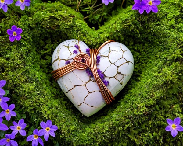 Heart-shaped stone with copper wrap on green moss