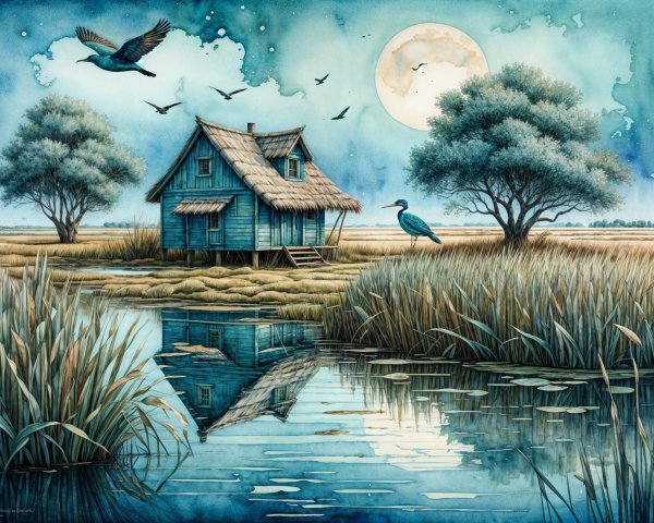 Rustic Blue House by Tranquil Marsh in Watercolor