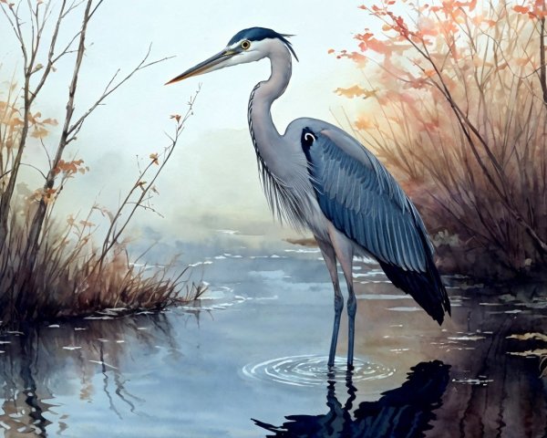 Watercolor Heron in Tranquil Autumn Pool Scene