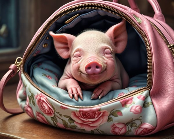 Cheerful Piglet in Floral Handbag with Soft Interior