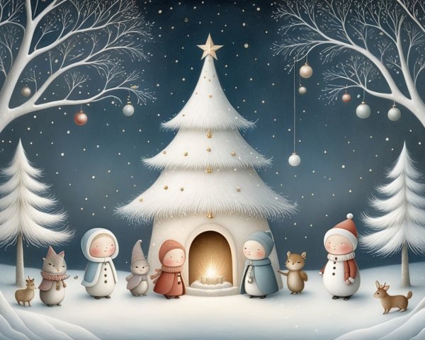 Cozy Winter Cottage Scene with Children and Animals