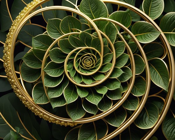 Close-Up of Spiral Green Leaves and Golden Spirals