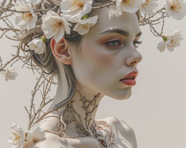 Portrait of a Young Woman with Floral Crown and Vines