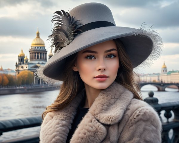 Young woman by river in stylish hat and fur coat