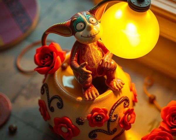 Whimsical Lamp with Playful Creature and Floral Design