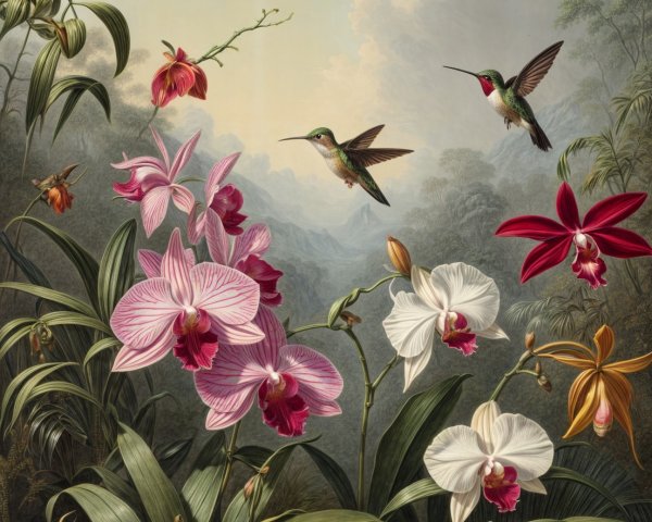 Hummingbirds and Orchids in a Serene Landscape