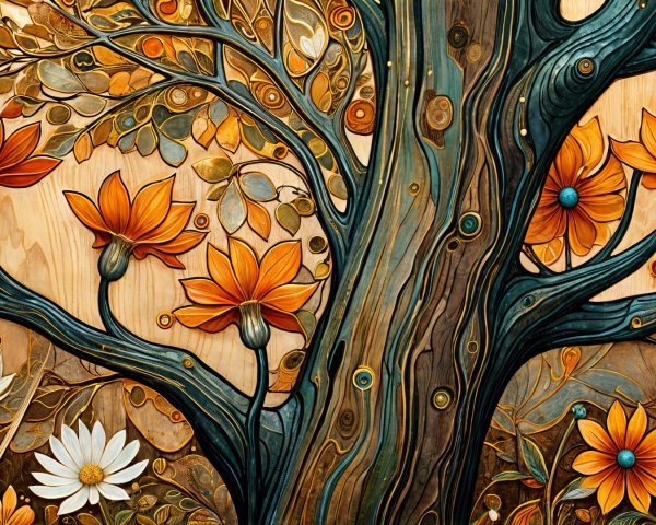 Intricately Carved Tree with Vibrant Flowers and Foliage