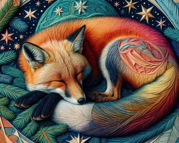 Sleeping fox surrounded by vibrant colors and stars