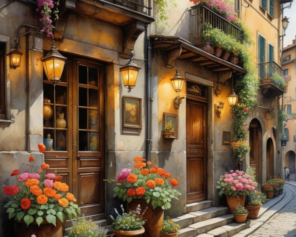 Charming Cobblestone Street with Flower Pots and Lanterns