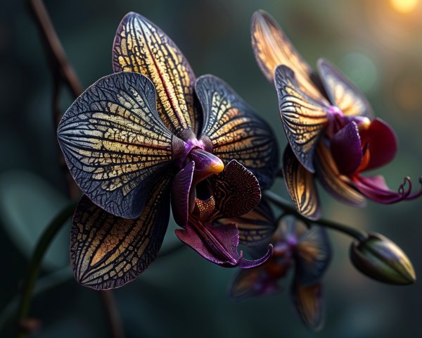 Close-up of an exquisite orchid with gold and purple hues