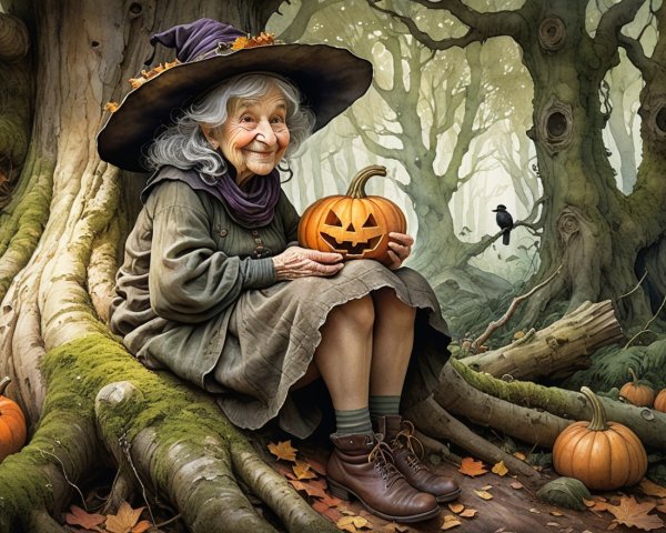 Elderly Woman with Pumpkin in Misty Forest Setting