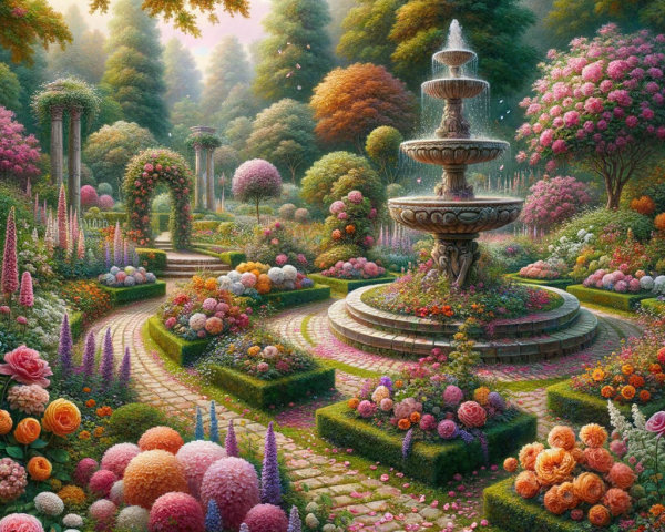 Vibrant Garden Scene with Stone Fountain and Blooms